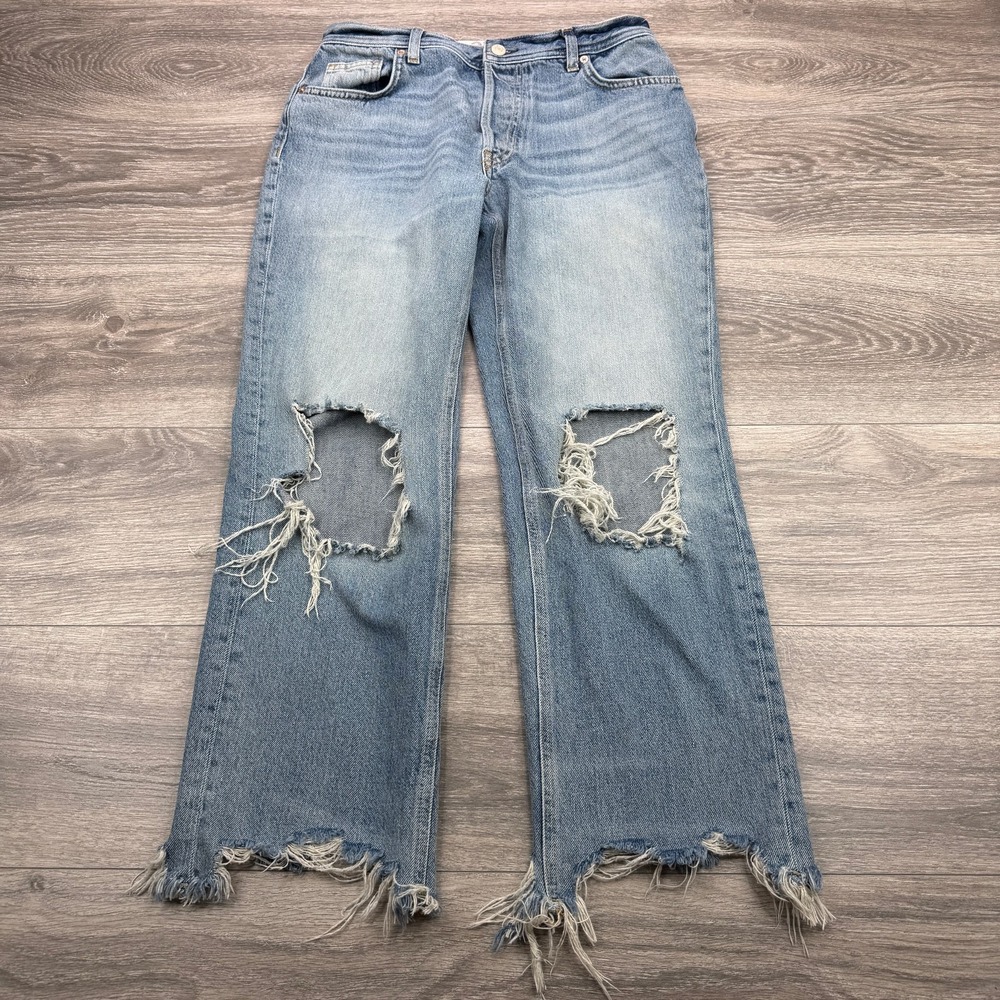 Free People Jeans Women 27 Blue Distressed Button Fly Mid Rise Frayed Hem Ripped
